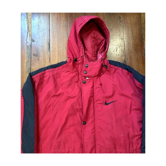 Red Vintage 90s Nike Long Coat Parka Big Logo Men's Large - Picture 3 of 10